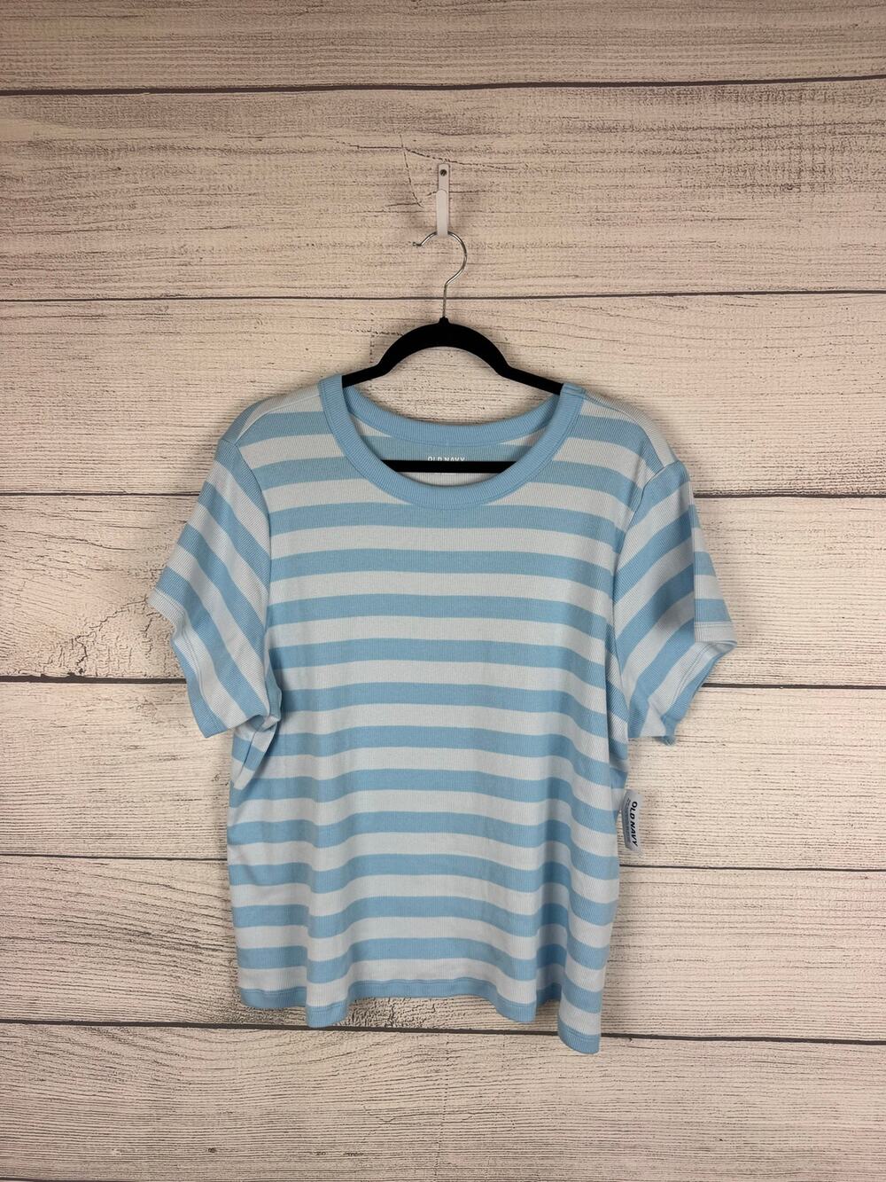 Old Navy Plus Size Light Blue Striped Ribbed Snug Fit Short Sleeve Tee Size 3X